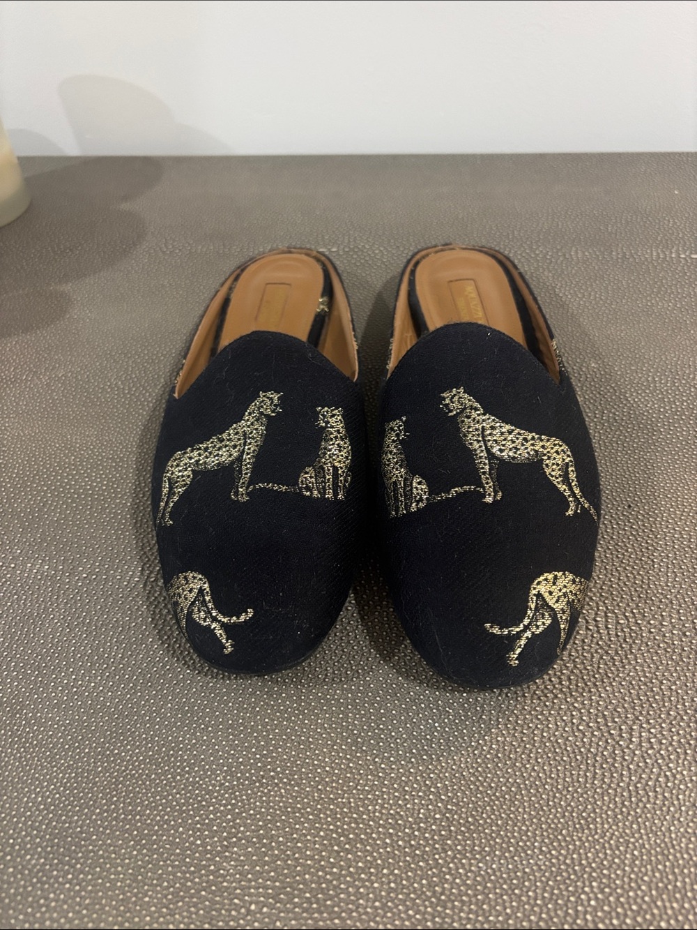 Aquazurra Black Slip-On Loafers with Gold Leopard Motif